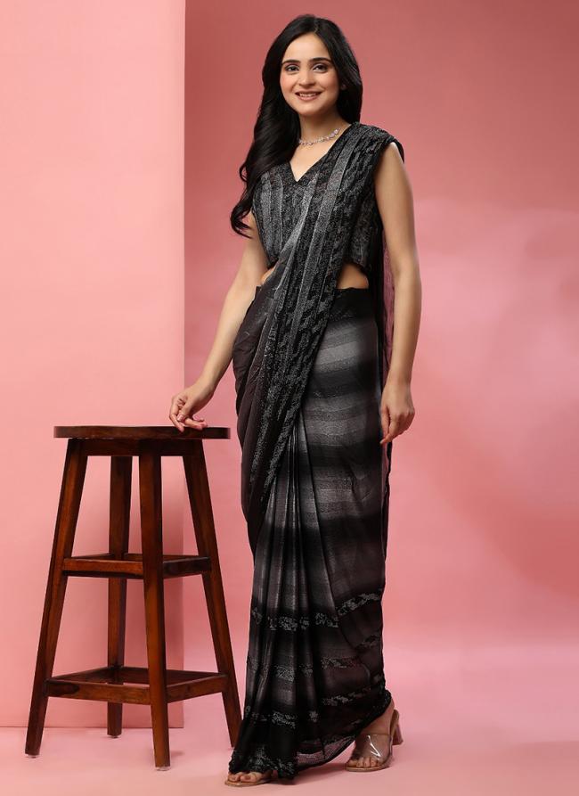 Sattin Silk Black Party Wear Stone Work Ready To Wear Saree